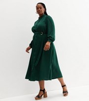 New Look Curves Dark Green Belted Long Sleeve Midi Shirt Dress